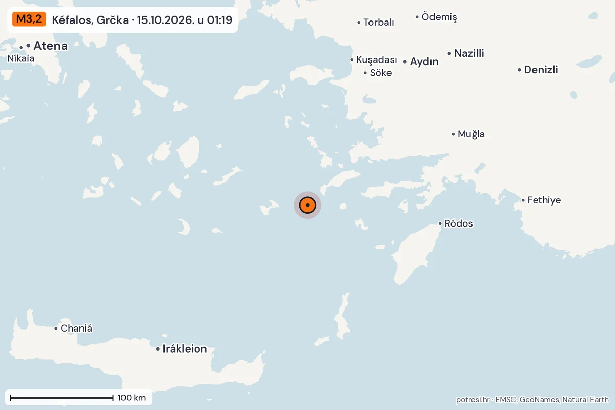 Karta: šire područje, 600 km, potres M3,2, Kéfalos, Grčka, 15.10.2026.