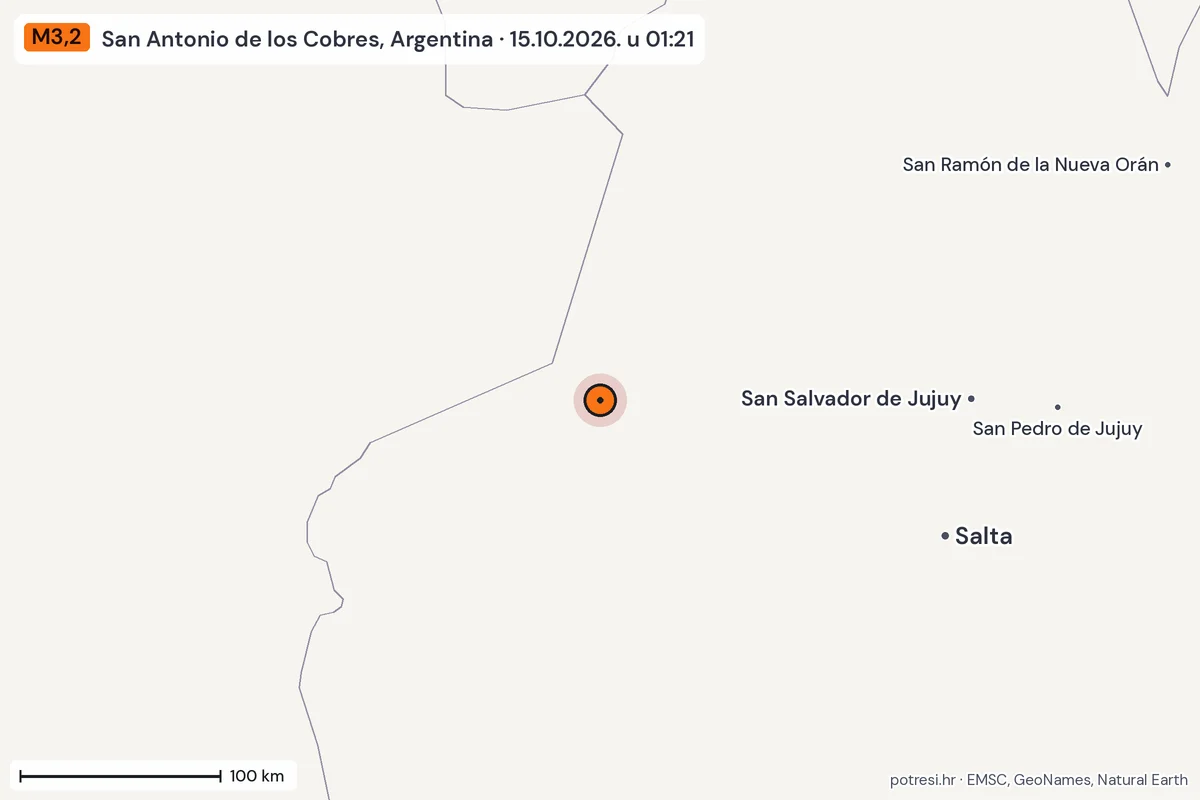 Karta: šire područje, 600 km, potres M3,2, San Antonio de los Cobres, Argentina, 15.10.2026.