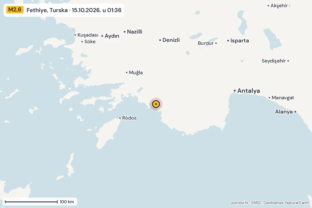 Karta: šire područje, 600 km, potres M2,6, Fethiye, Turska, 15.10.2026.