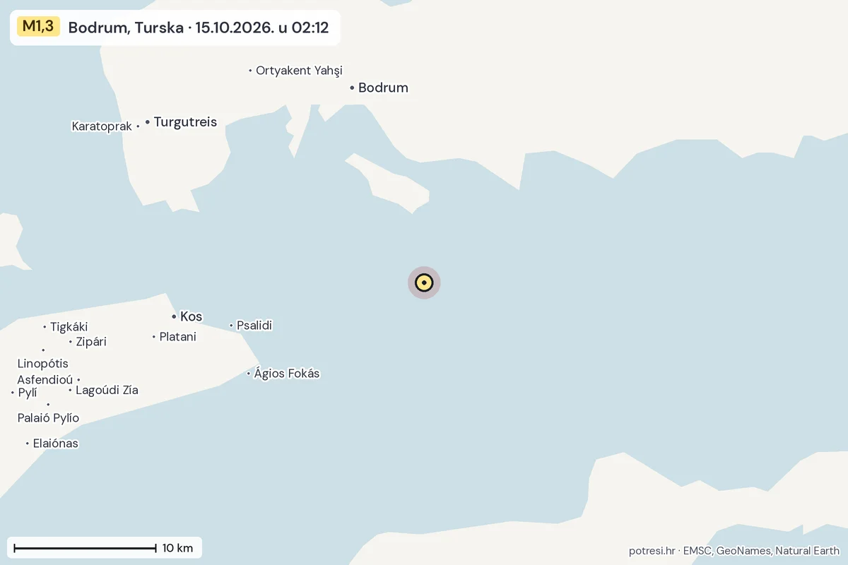 Karta: okolica epicentra, 60 km, potres M1,3, Bodrum, Turska, 15.10.2026.