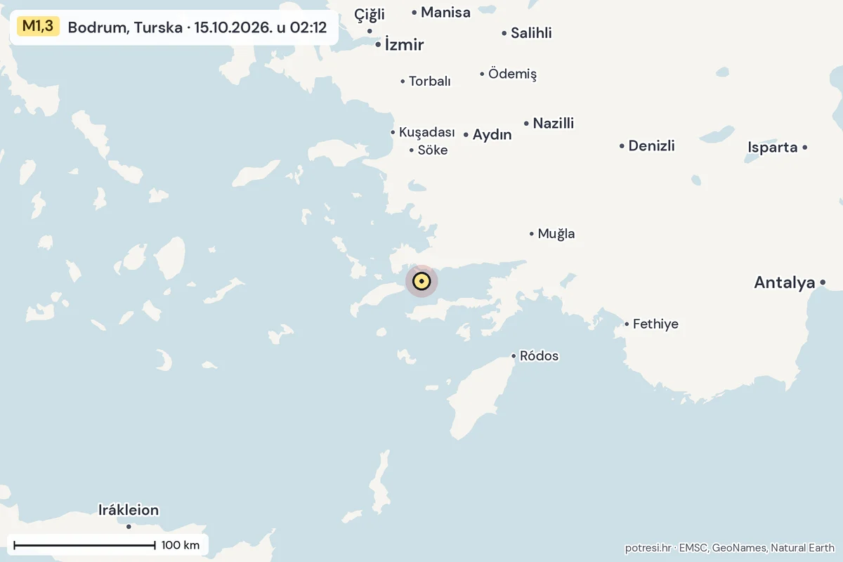 Karta: šire područje, 600 km, potres M1,3, Bodrum, Turska, 15.10.2026.