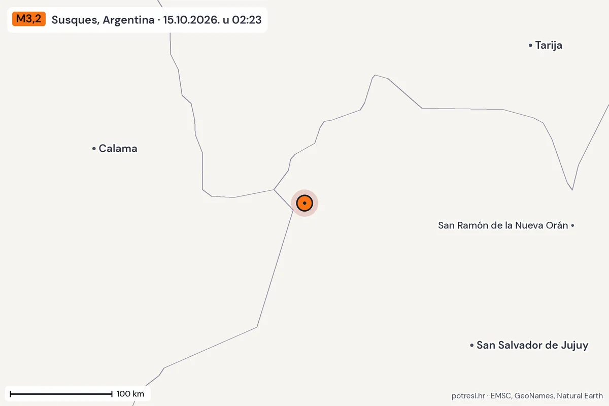 Karta: šire područje, 600 km, potres M3,2, Susques, Argentina, 15.10.2026.