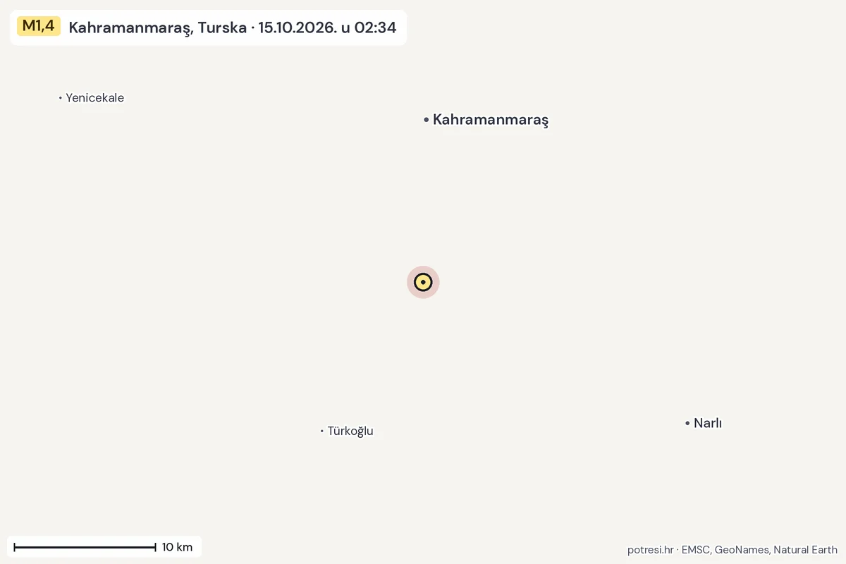 Karta: okolica epicentra, 60 km, potres M1,4, Kahramanmaraş, Turska, 15.10.2026.