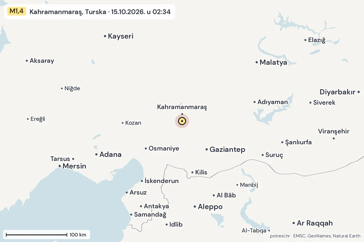 Karta: šire područje, 600 km, potres M1,4, Kahramanmaraş, Turska, 15.10.2026.