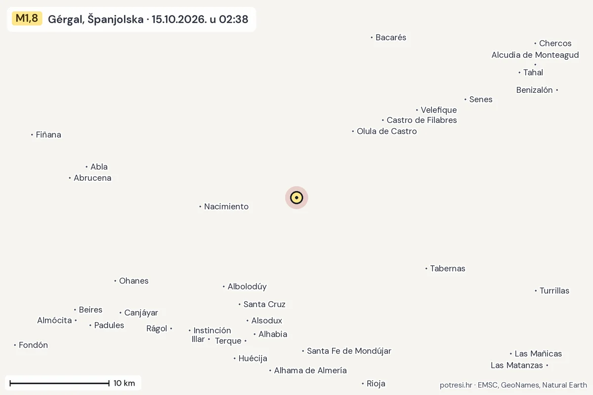 Karta: okolica epicentra, 60 km, potres M1,8, Gérgal, Španjolska, 15.10.2026.