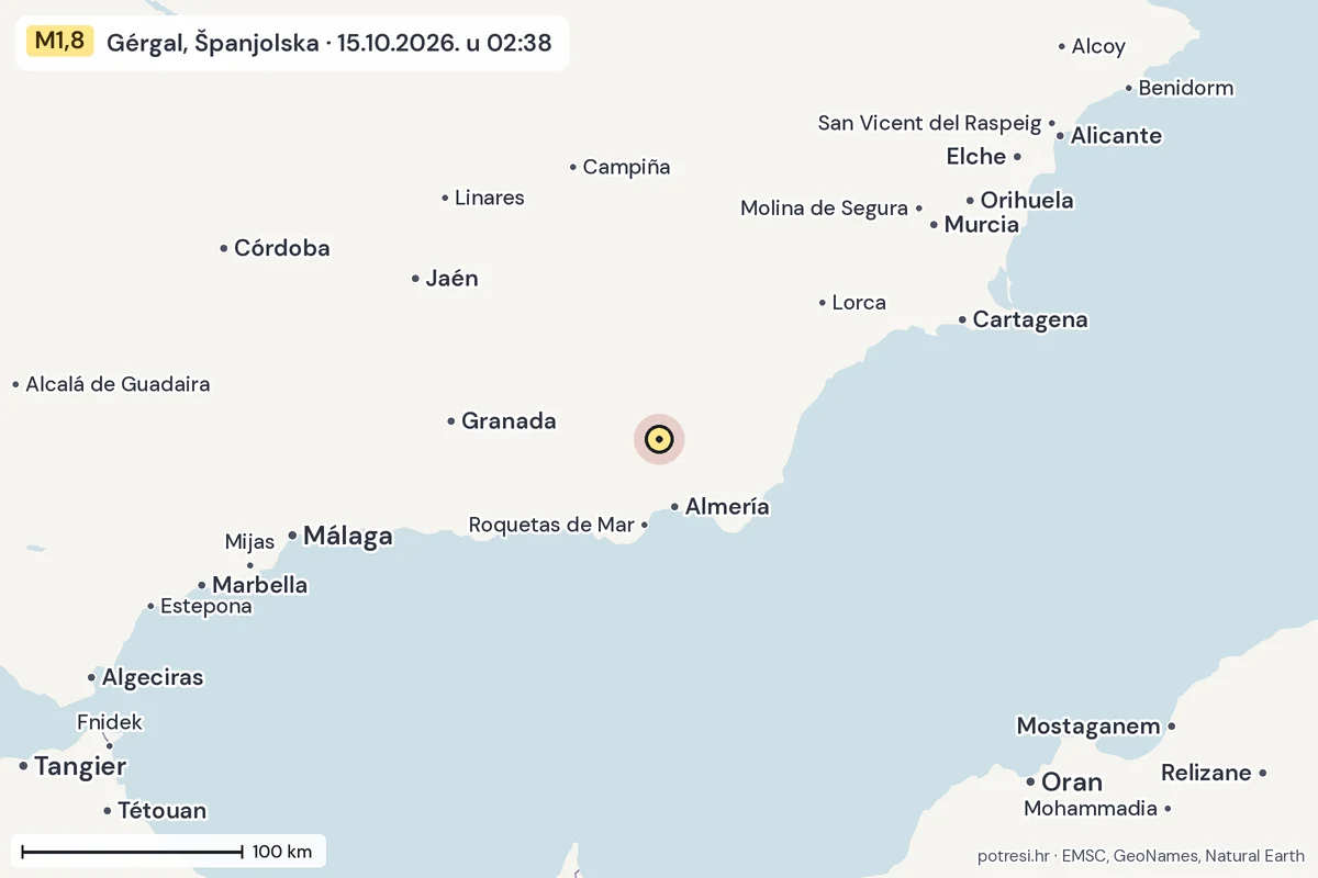 Karta: šire područje, 600 km, potres M1,8, Gérgal, Španjolska, 15.10.2026.