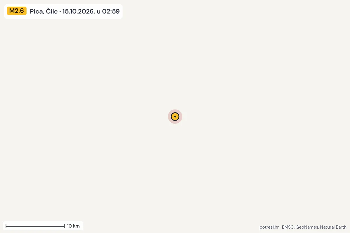 Karta: okolica epicentra, 60 km, potres M2,6, Pica, Čile, 15.10.2026.
