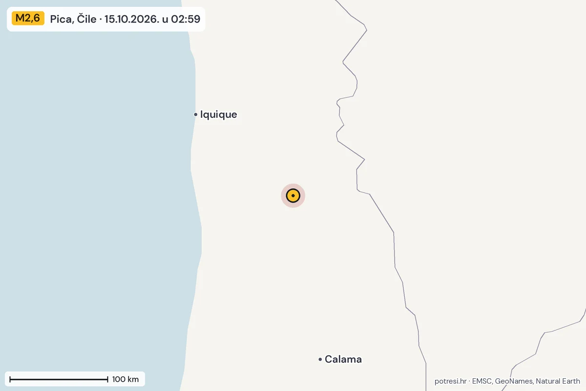 Karta: šire područje, 600 km, potres M2,6, Pica, Čile, 15.10.2026.