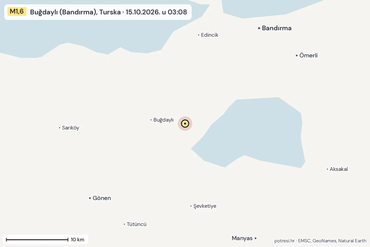 Karta: okolica epicentra, 60 km, potres M1,6, Buğdaylı (Bandırma), Turska, 15.10.2026.