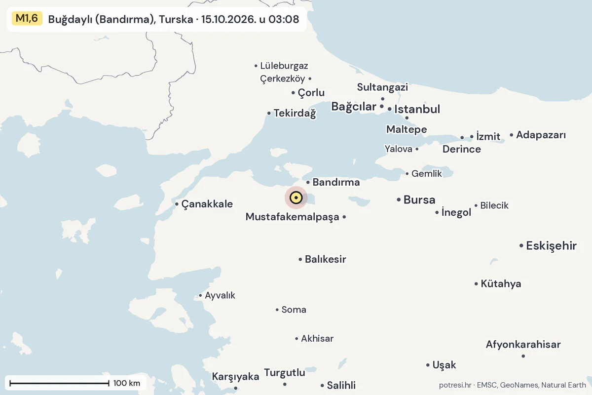 Karta: šire područje, 600 km, potres M1,6, Buğdaylı (Bandırma), Turska, 15.10.2026.