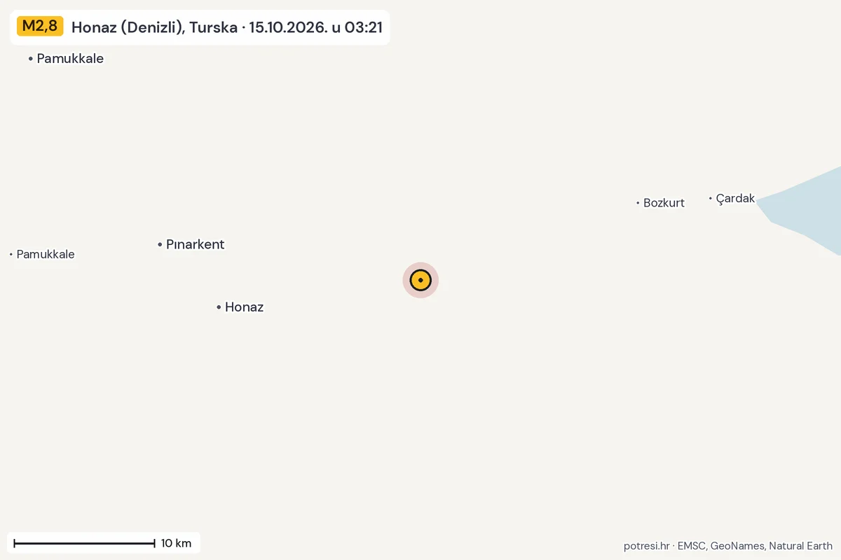 Karta: okolica epicentra, 60 km, potres M2,8, Honaz (Denizli), Turska, 15.10.2026.