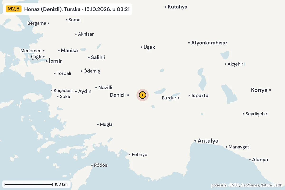Karta: šire područje, 600 km, potres M2,8, Honaz (Denizli), Turska, 15.10.2026.