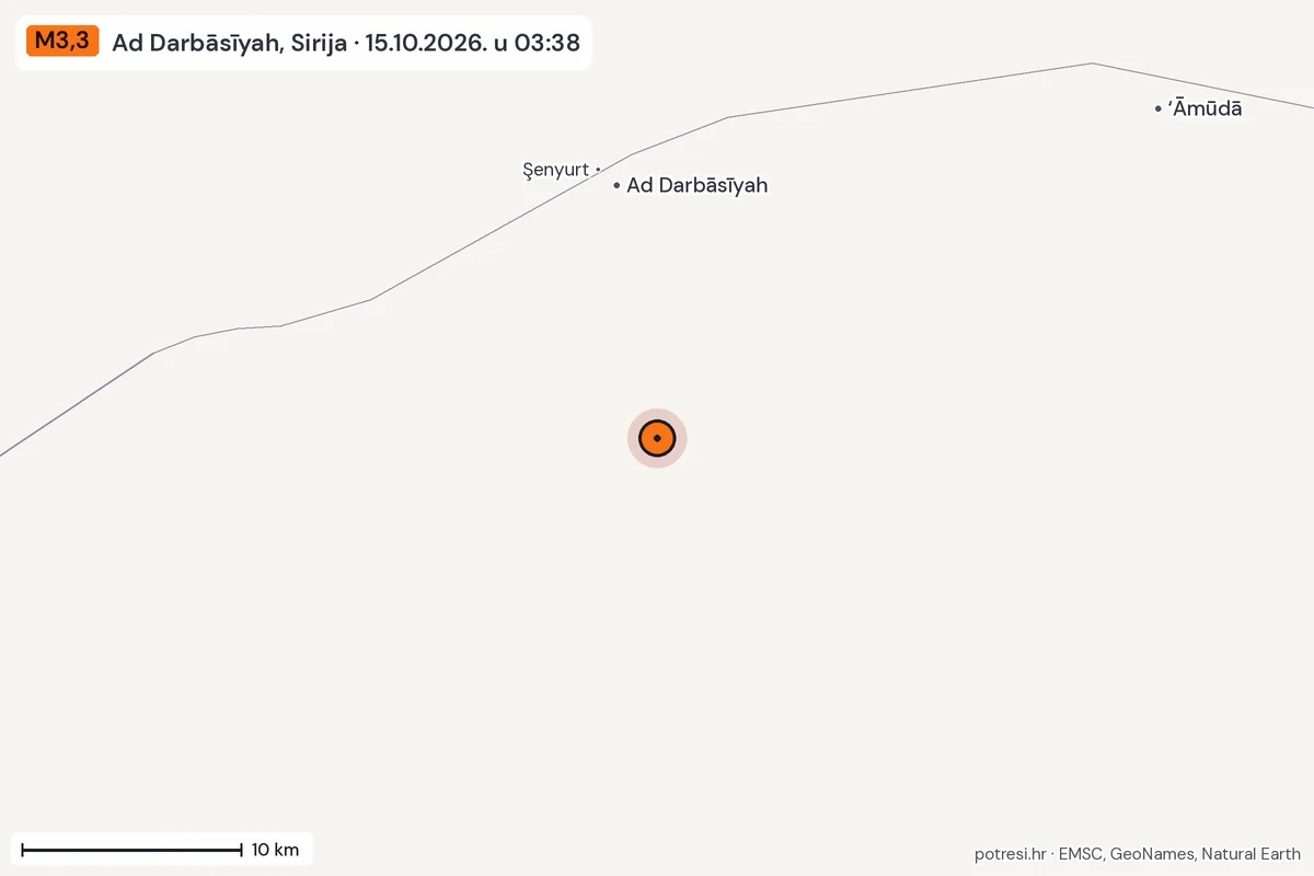 Karta: okolica epicentra, 60 km, potres M3,3, Ad Darbāsīyah, Sirija, 15.10.2026.