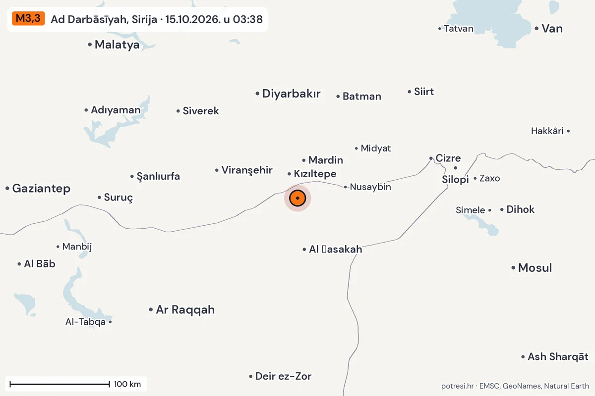 Karta: šire područje, 600 km, potres M3,3, Ad Darbāsīyah, Sirija, 15.10.2026.