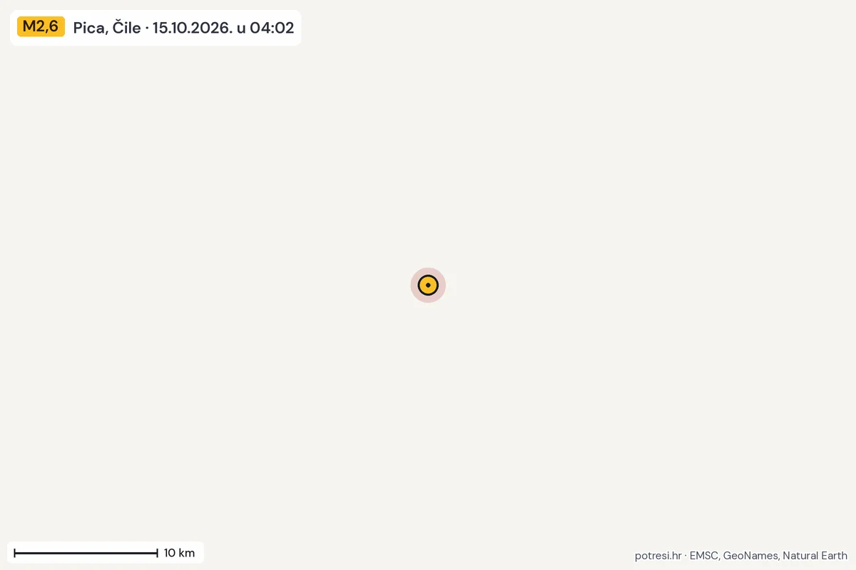 Karta: okolica epicentra, 60 km, potres M2,6, Pica, Čile, 15.10.2026.