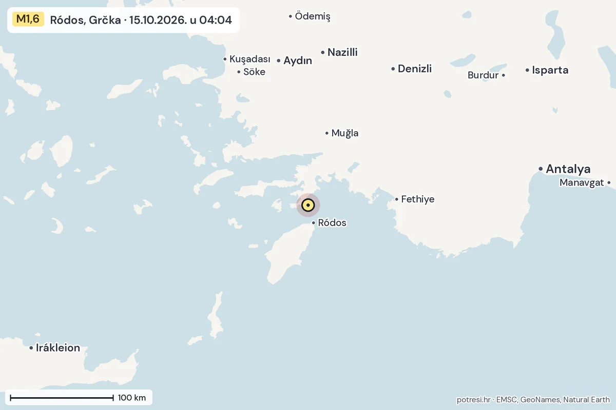 Karta: šire područje, 600 km, potres M1,6, Ródos, Grčka, 15.10.2026.