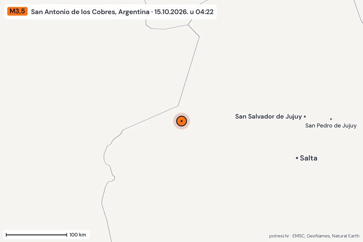 Karta: šire područje, 600 km, potres M3,5, San Antonio de los Cobres, Argentina, 15.10.2026.