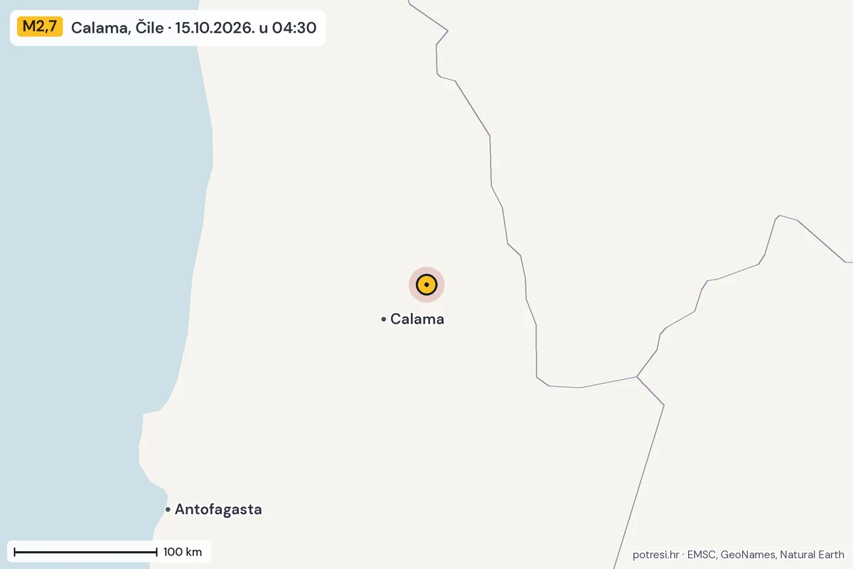 Karta: šire područje, 600 km, potres M2,7, Calama, Čile, 15.10.2026.