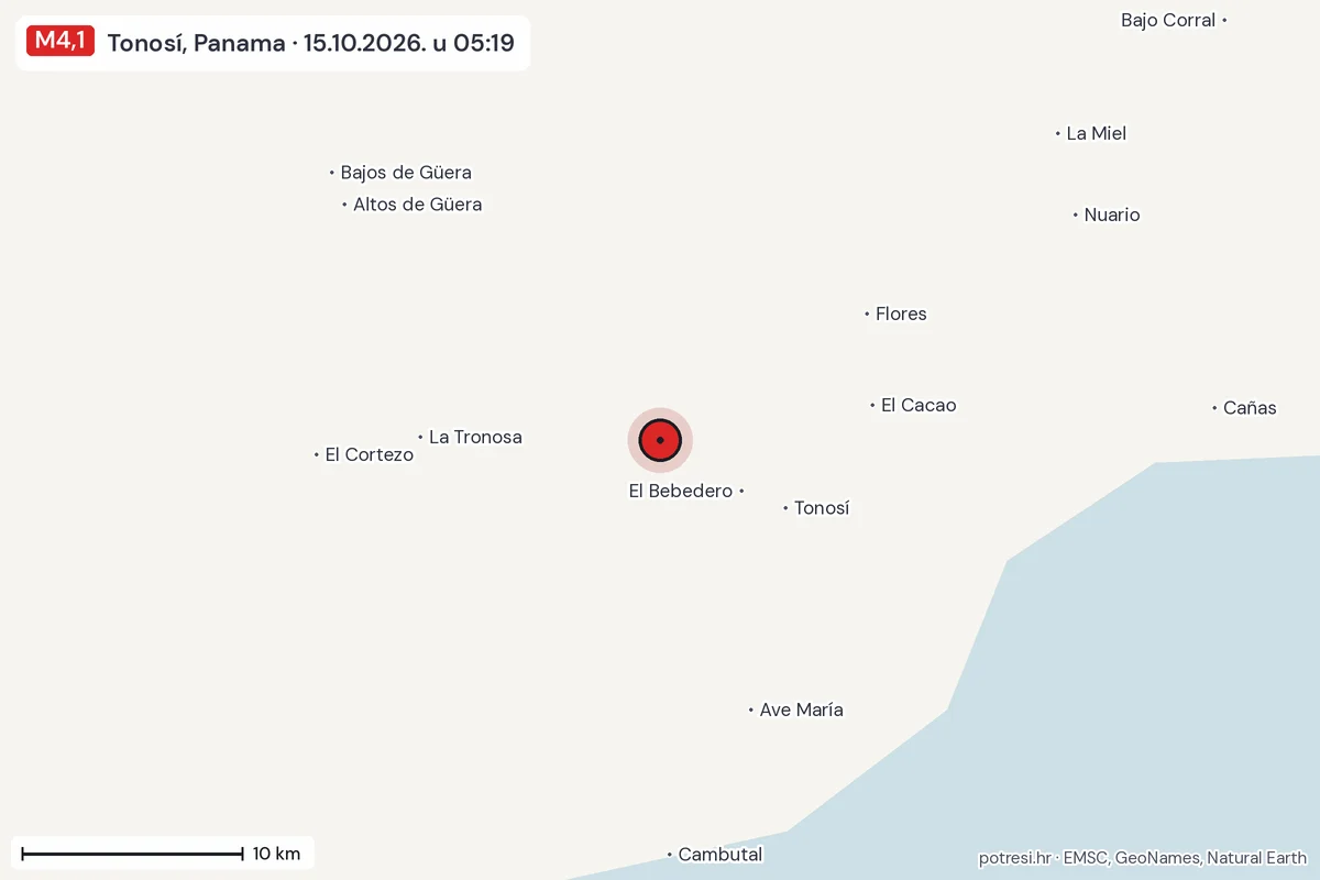 Karta: okolica epicentra, 60 km, potres M4,1, Tonosí, Panama, 15.10.2026.