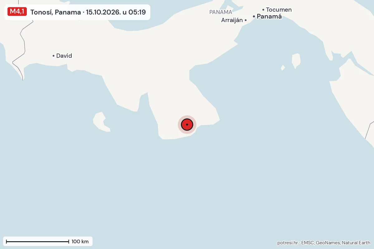 Karta: šire područje, 600 km, potres M4,1, Tonosí, Panama, 15.10.2026.