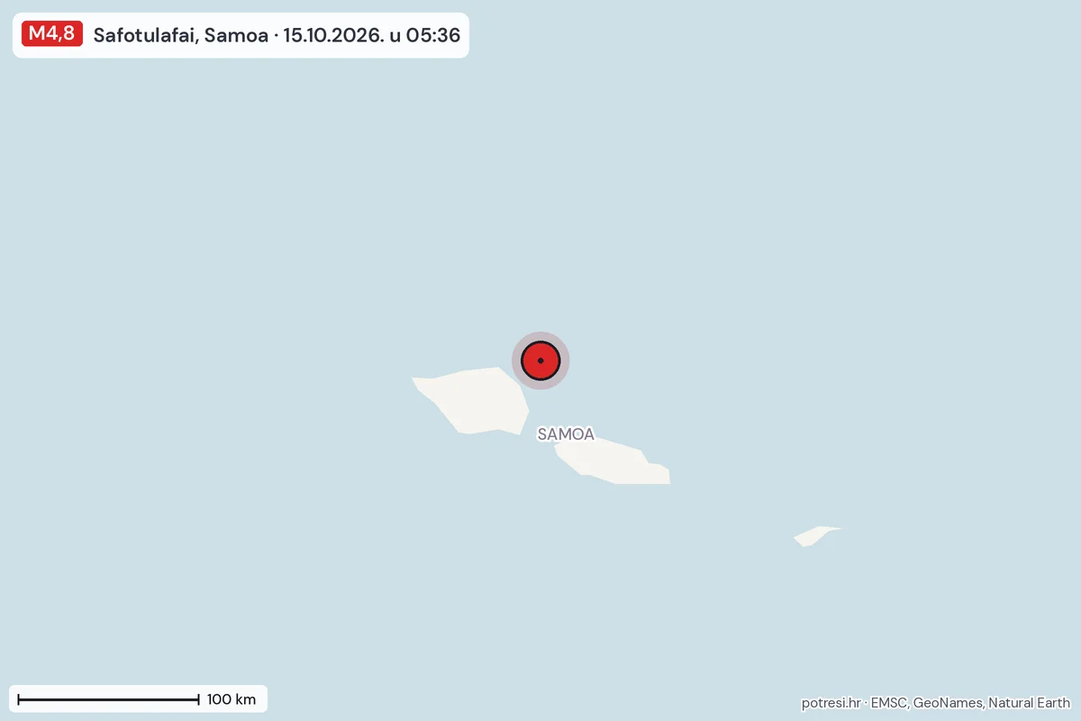 Karta: šire područje, 600 km, potres M4,8, Safotulafai, Samoa, 15.10.2026.