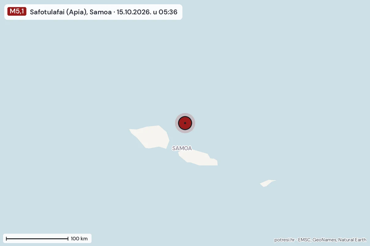 Karta: šire područje, 600 km, potres M5,1, Safotulafai (Apia), Samoa, 15.10.2026.