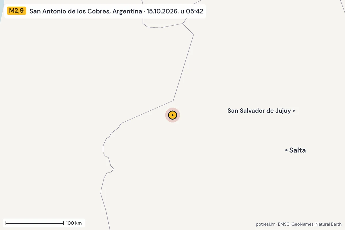 Karta: šire područje, 600 km, potres M2,9, San Antonio de los Cobres, Argentina, 15.10.2026.
