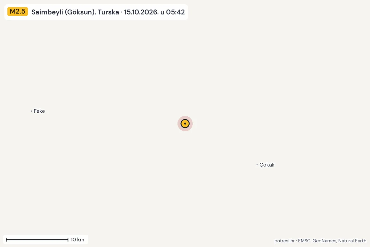 Karta: okolica epicentra, 60 km, potres M2,5, Saimbeyli (Göksun), Turska, 15.10.2026.