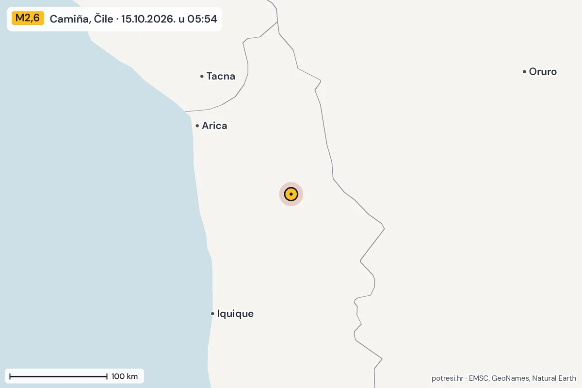Karta: šire područje, 600 km, potres M2,6, Camiña, Čile, 15.10.2026.