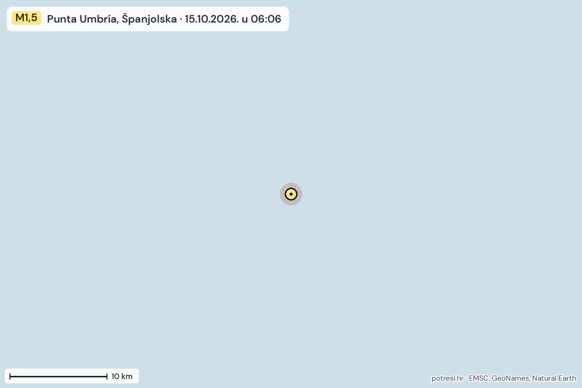 Karta: okolica epicentra, 60 km, potres M1,5, Punta Umbría, Španjolska, 15.10.2026.