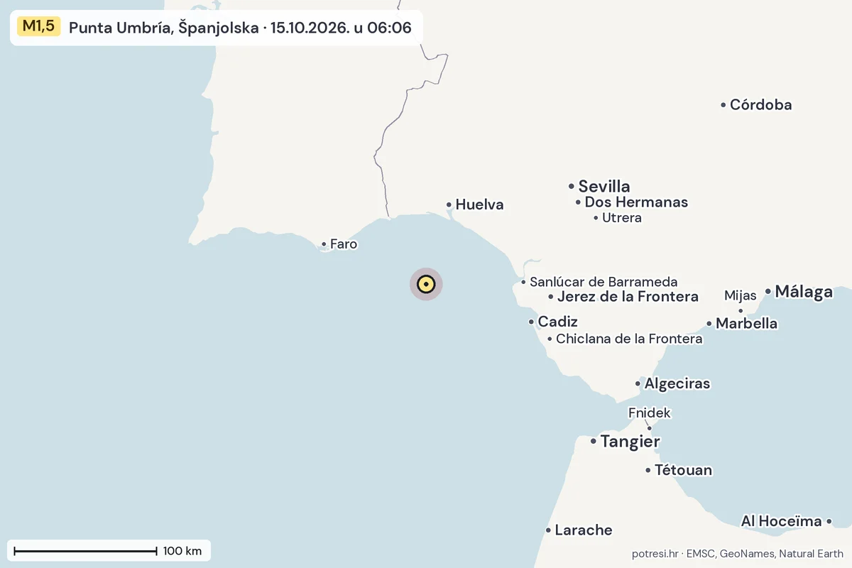 Karta: šire područje, 600 km, potres M1,5, Punta Umbría, Španjolska, 15.10.2026.