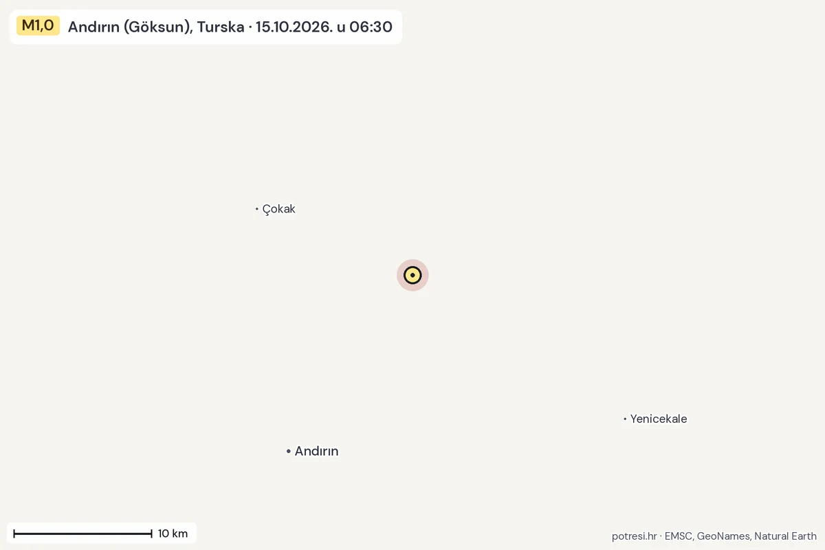 Karta: okolica epicentra, 60 km, potres M1,0, Andırın (Göksun), Turska, 15.10.2026.