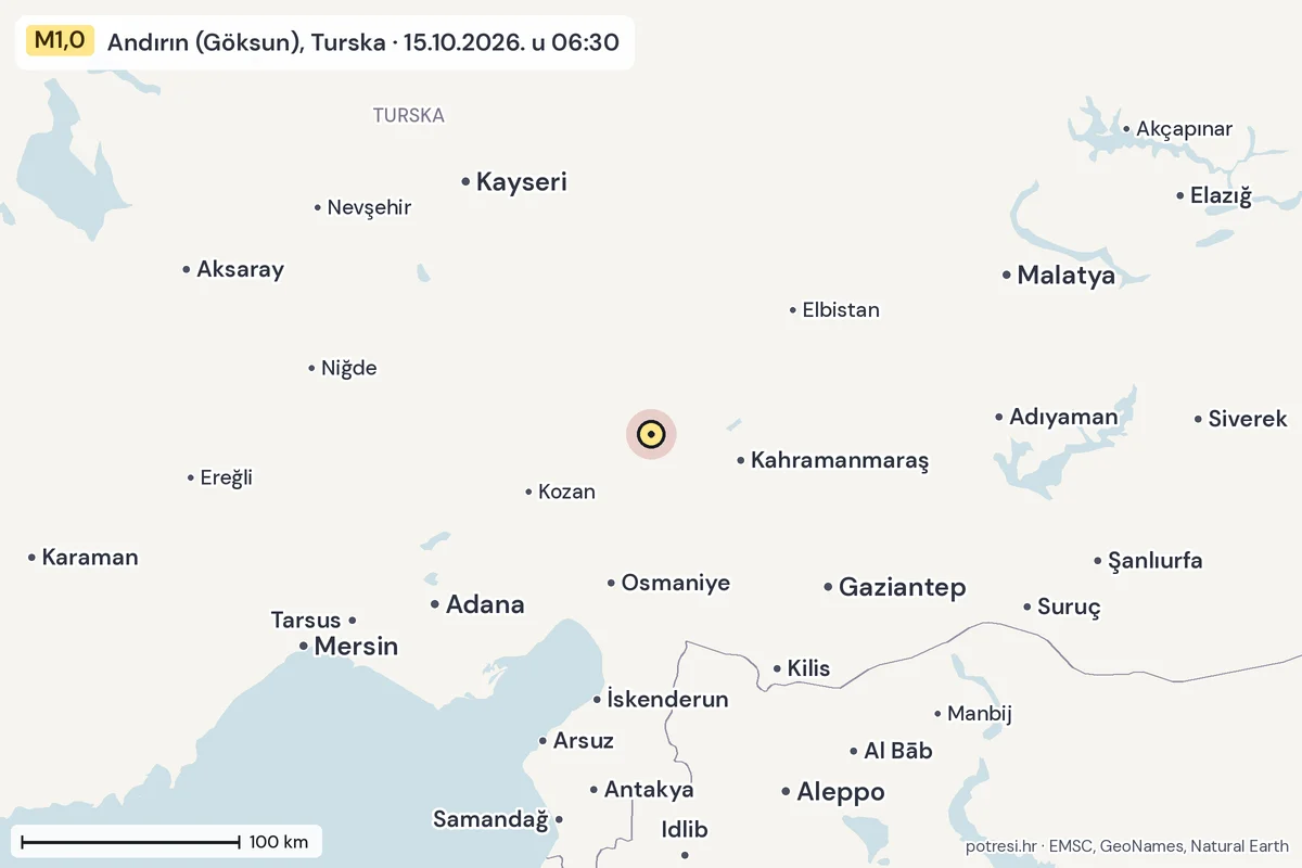 Karta: šire područje, 600 km, potres M1,0, Andırın (Göksun), Turska, 15.10.2026.