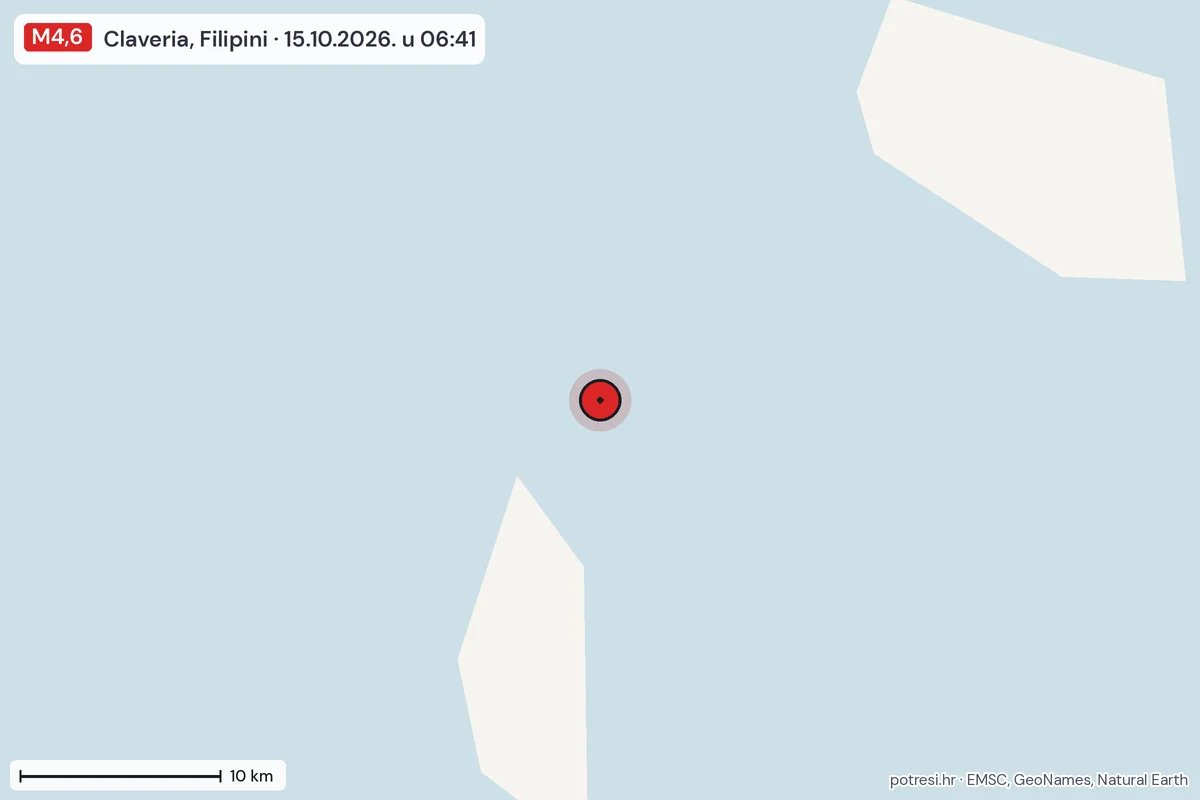 Karta: okolica epicentra, 60 km, potres M4,6, Claveria, Filipini, 15.10.2026.