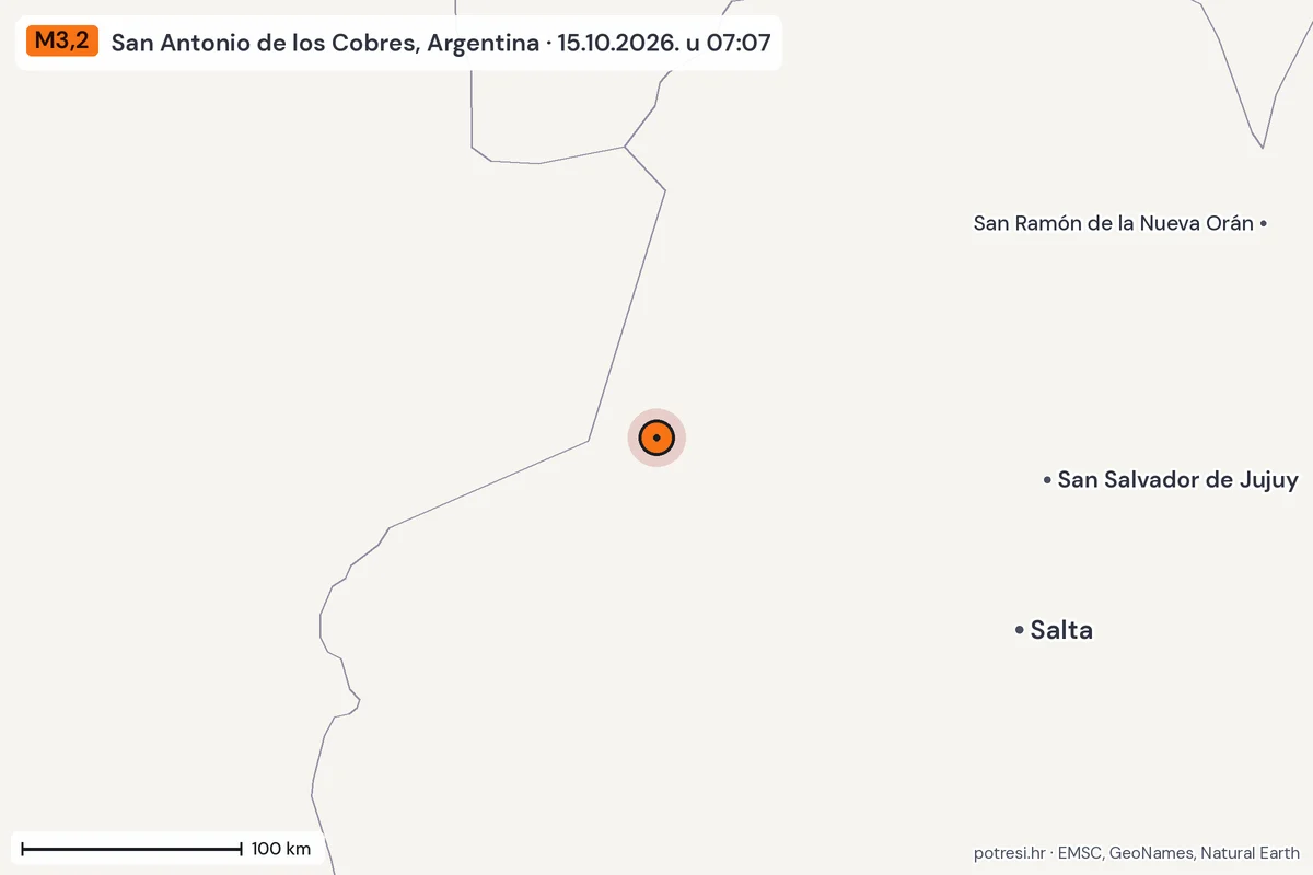 Karta: šire područje, 600 km, potres M3,2, San Antonio de los Cobres, Argentina, 15.10.2026.