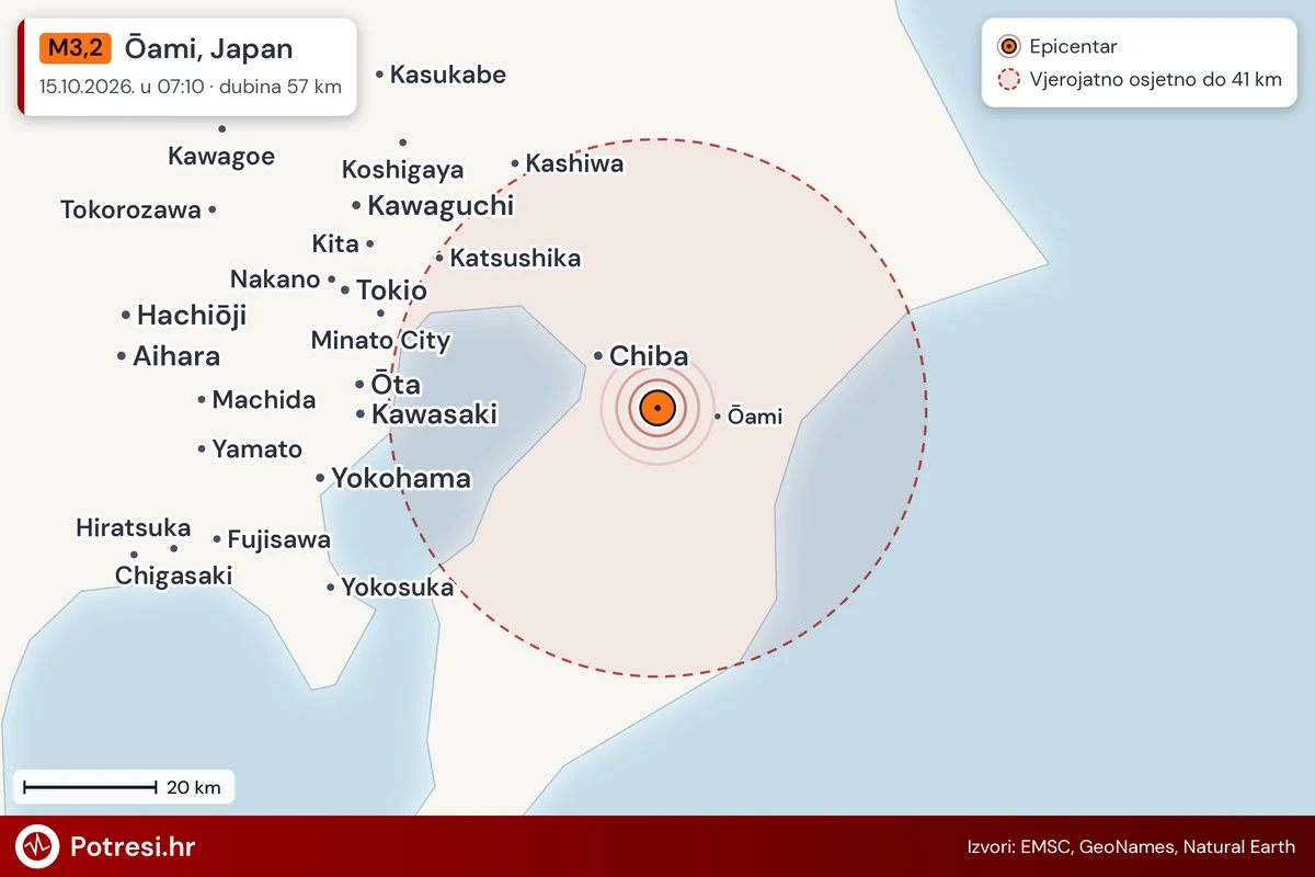 Karta: šire područje i vjerojatni doseg osjeta, potres M3,2, Ōami, Japan, 15.10.2026.