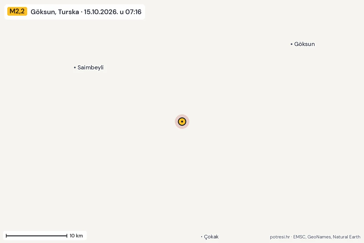 Karta: okolica epicentra, 60 km, potres M2,2, Göksun, Turska, 15.10.2026.