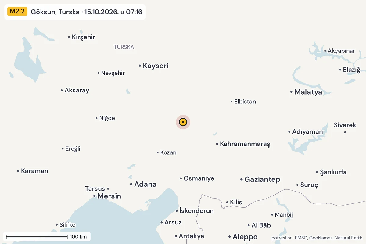 Karta: šire područje, 600 km, potres M2,2, Göksun, Turska, 15.10.2026.