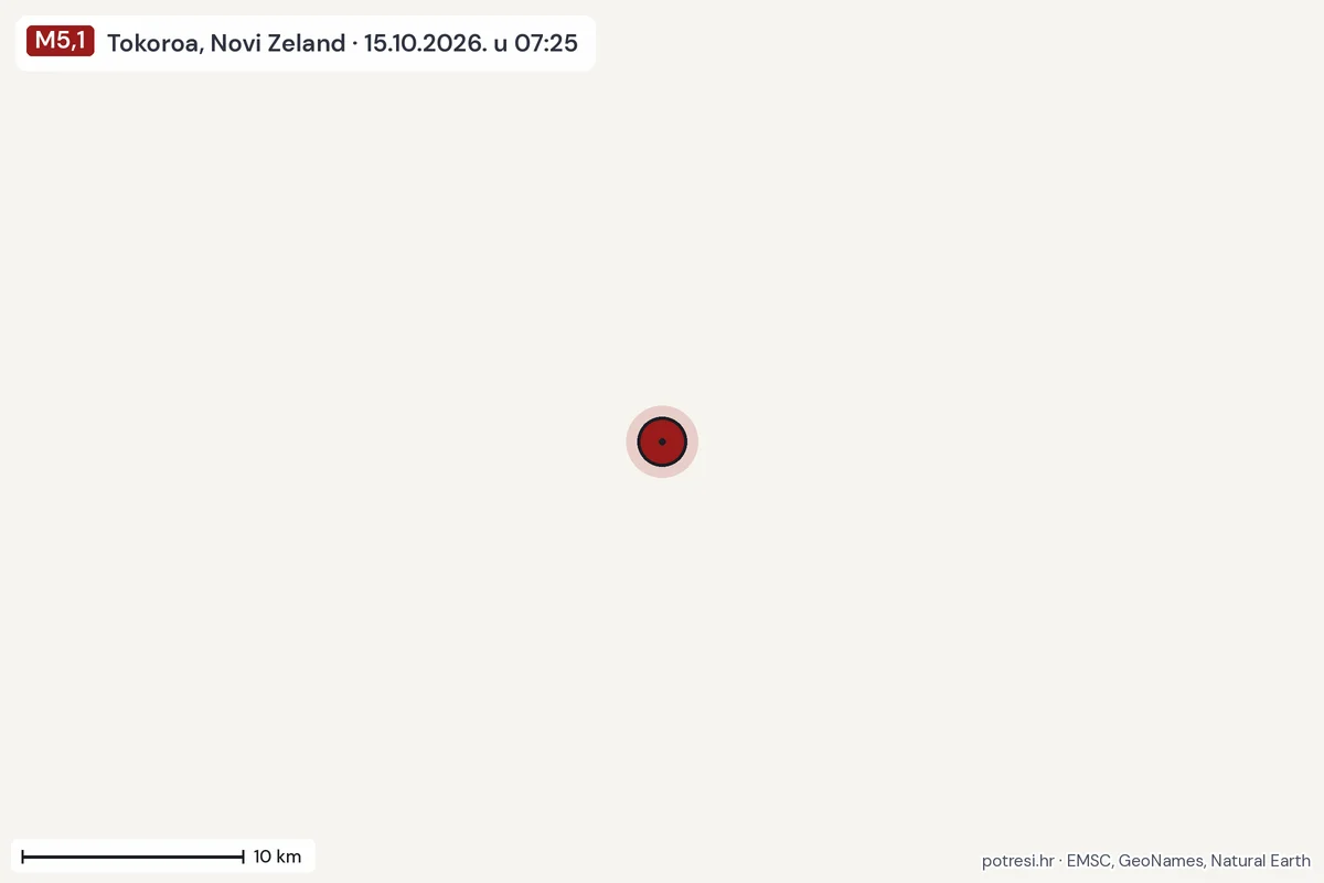 Karta: okolica epicentra, 60 km, potres M5,1, Tokoroa, Novi Zeland, 15.10.2026.