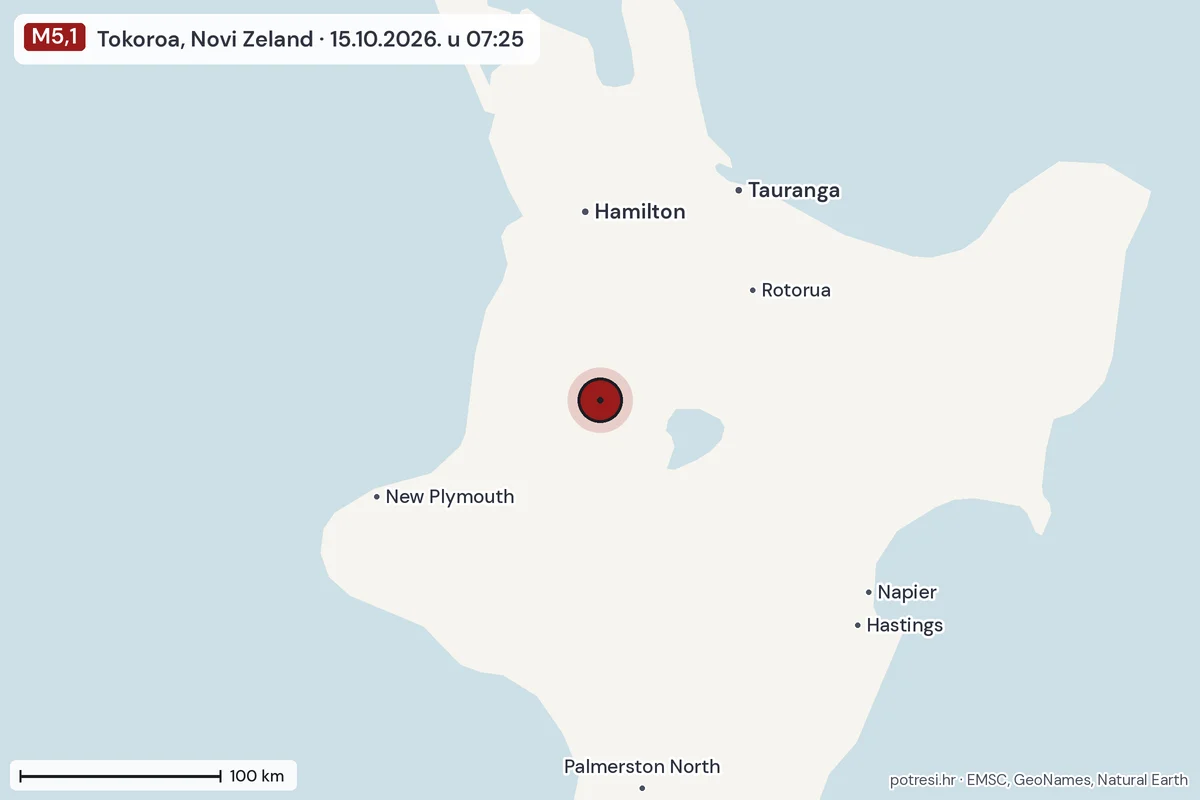 Karta: šire područje, 600 km, potres M5,1, Tokoroa, Novi Zeland, 15.10.2026.
