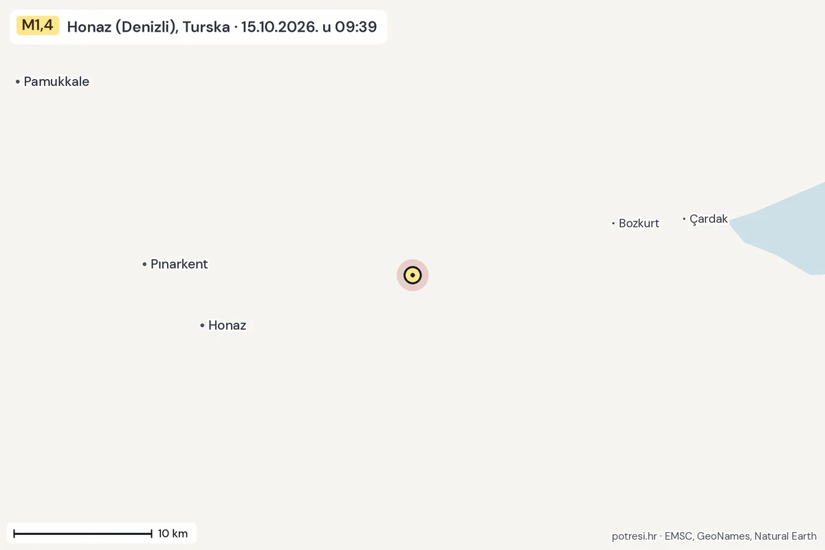 Karta: okolica epicentra, 60 km, potres M1,4, Honaz (Denizli), Turska, 15.10.2026.