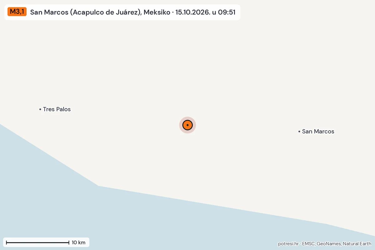 Karta: okolica epicentra, 60 km, potres M3,1, San Marcos (Acapulco de Juárez), Meksiko, 15.10.2026.