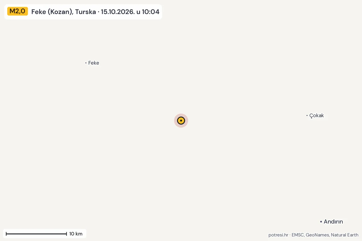 Karta: okolica epicentra, 60 km, potres M2,0, Feke (Kozan), Turska, 15.10.2026.