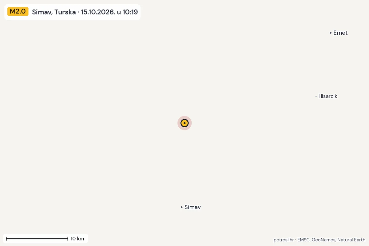Karta: okolica epicentra, 60 km, potres M2,0, Simav, Turska, 15.10.2026.