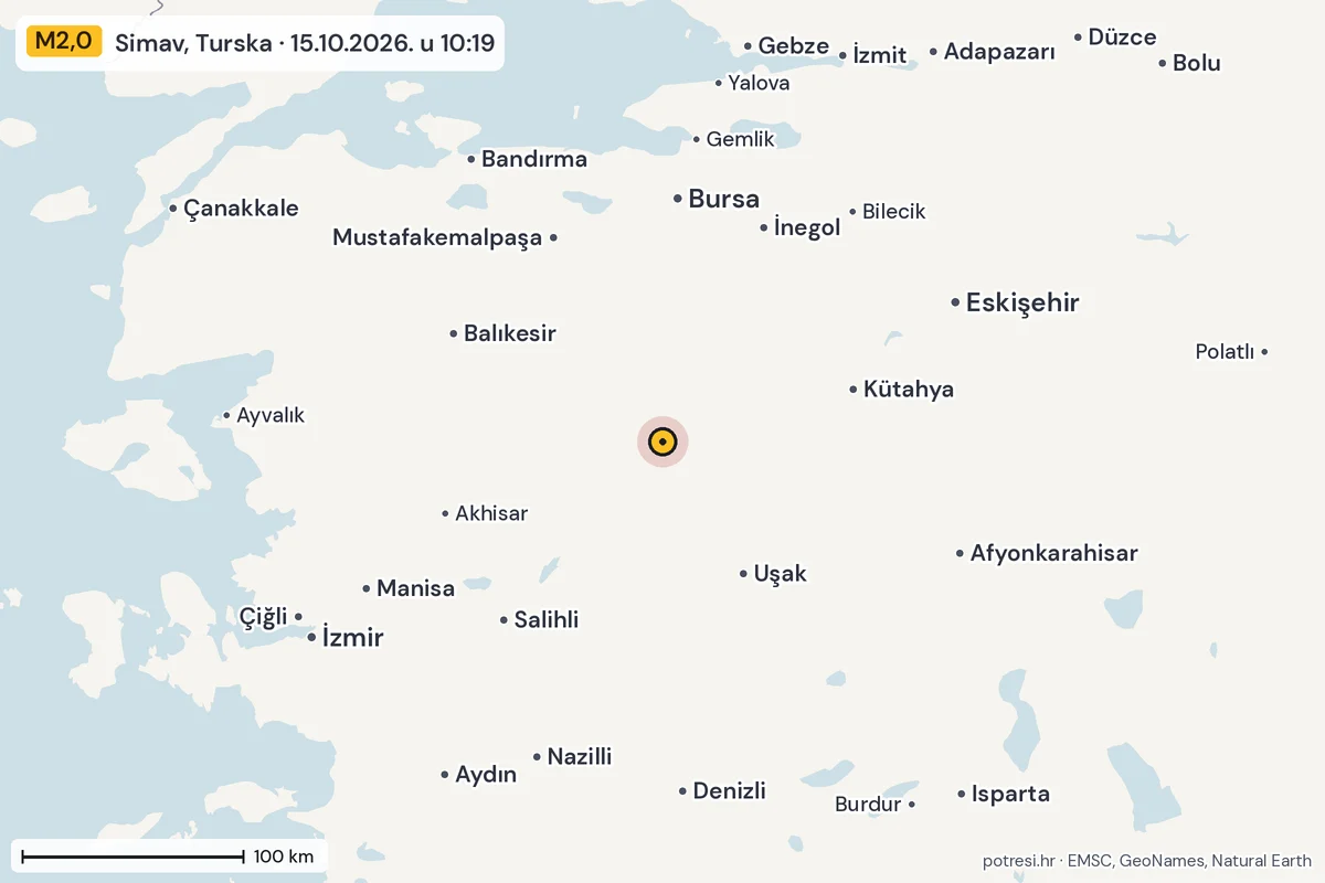 Karta: šire područje, 600 km, potres M2,0, Simav, Turska, 15.10.2026.