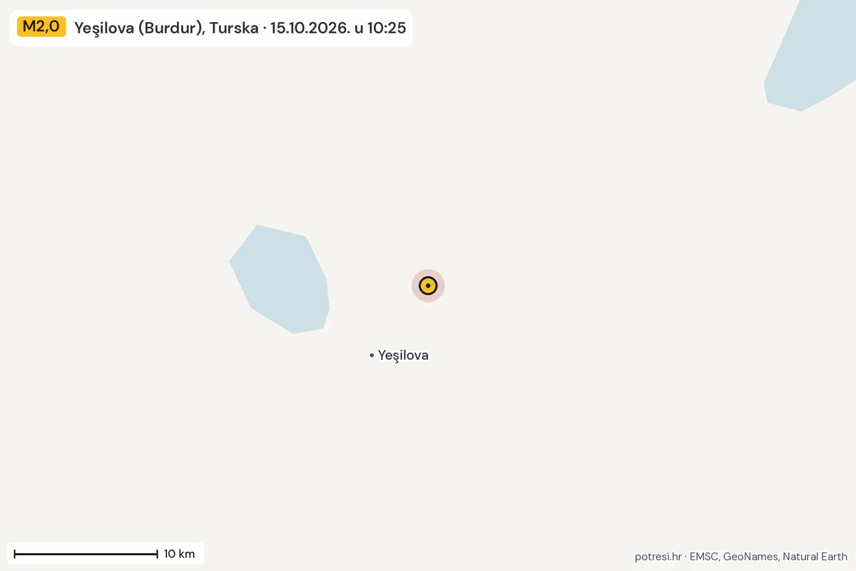 Karta: okolica epicentra, 60 km, potres M2,0, Yeşilova (Burdur), Turska, 15.10.2026.