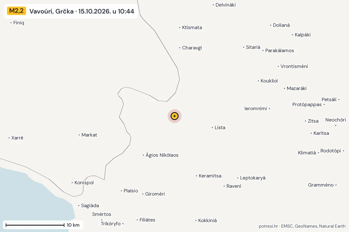 Karta: okolica epicentra, 60 km, potres M2,2, Vavoúri, Grčka, 15.10.2026.