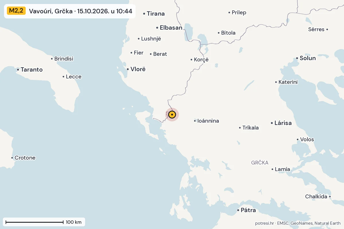 Karta: šire područje, 600 km, potres M2,2, Vavoúri, Grčka, 15.10.2026.