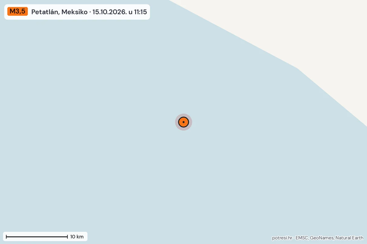 Karta: okolica epicentra, 60 km, potres M3,5, Petatlán, Meksiko, 15.10.2026.