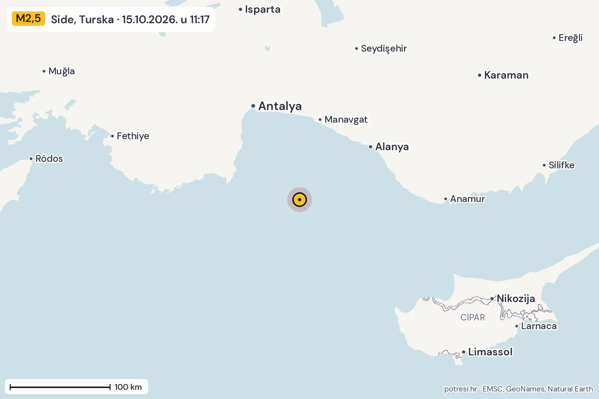 Karta: šire područje, 600 km, potres M2,5, Side, Turska, 15.10.2026.